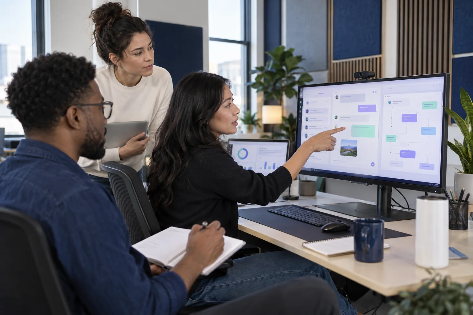 Customer operations team reviewing an AI-assisted conversational workflow